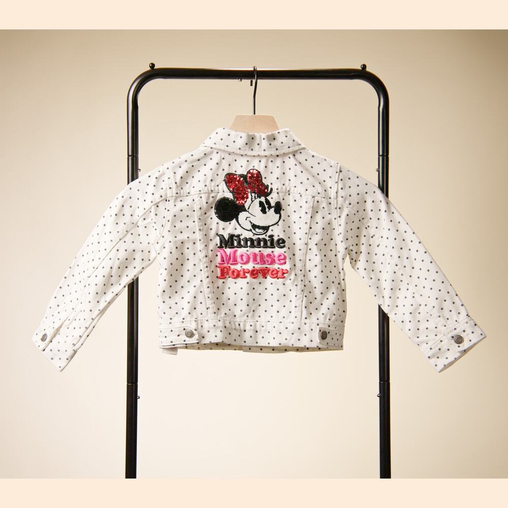 Disney Minnie Mouse Girls 4 White Polka Dot Denim Jacket Sequin Bow
